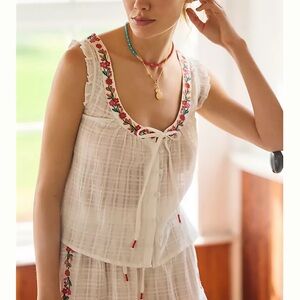 Anthropologie White Sleeveless Embroidered Tie-Front Tank